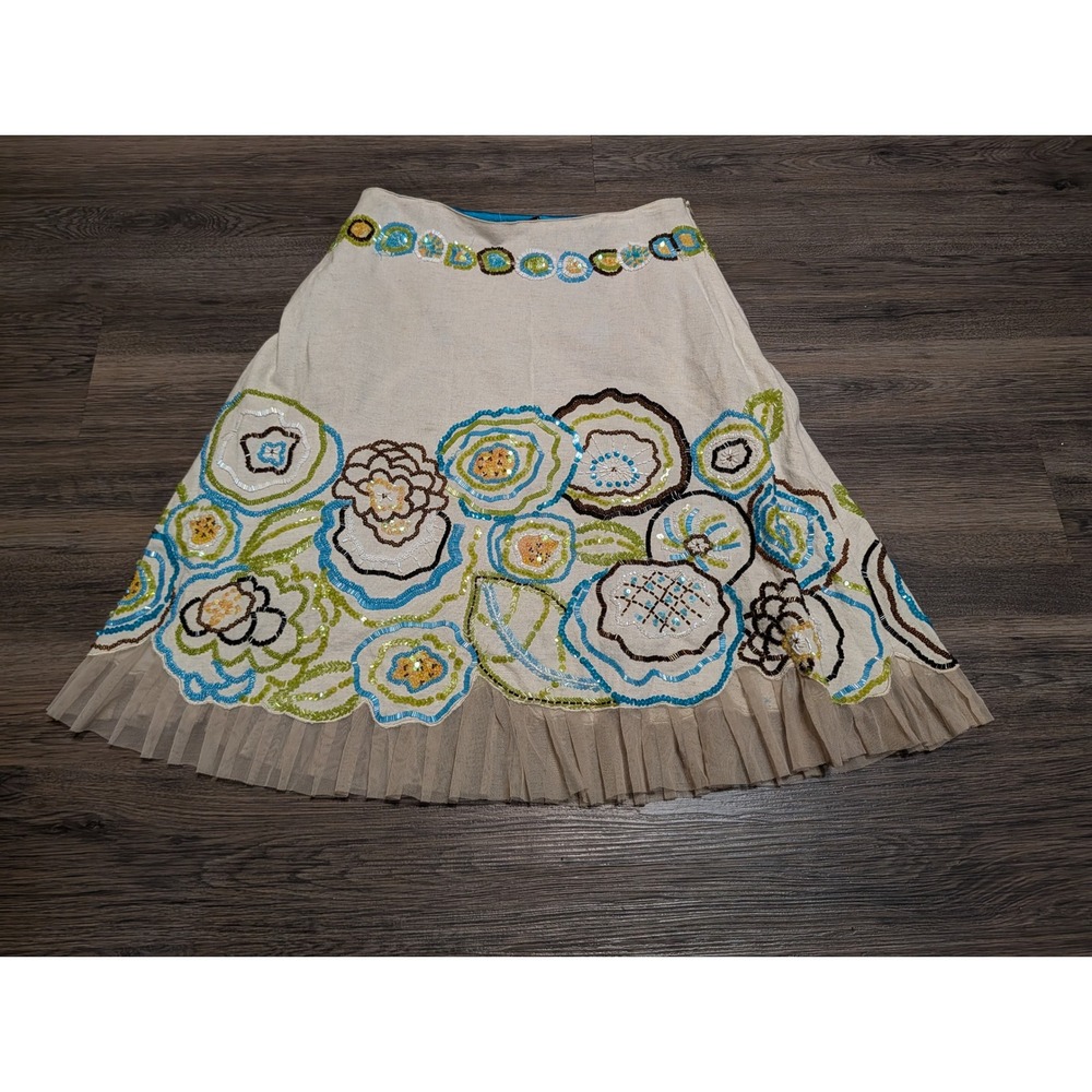 Basil & Maude Linen Blend Floral Embroidered Beaded A-Line Skirt Cream Size 4